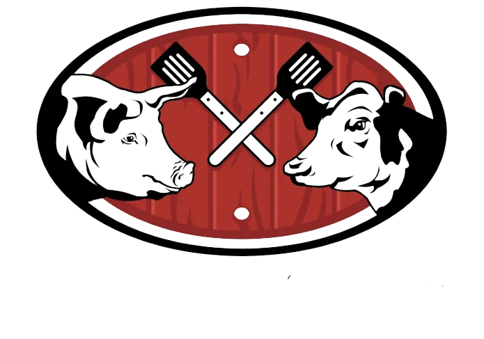 Sheller+Family+Foods+-+Logo_color__Outline Logo featuring a pig and cow's heads crossed by spatulas on a wooden background, representing a barbecue or grilling theme.